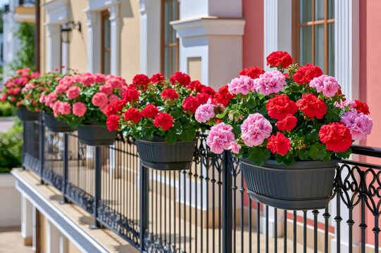 Red and pink geraniums lining a sunny balcony railing