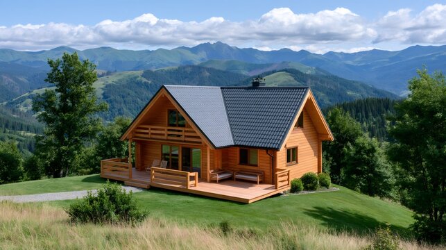 Wooden mountain cabin overlooking green hills and forested alpine landscape