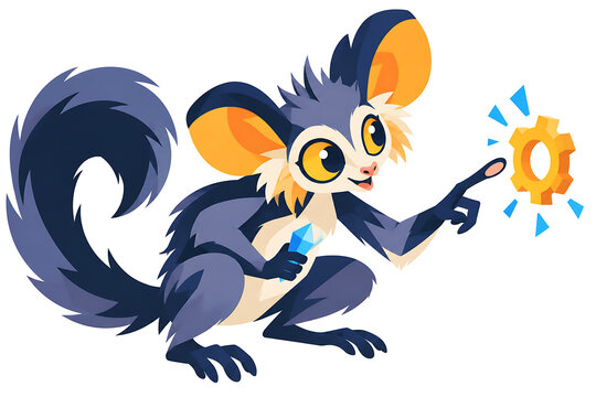cute lemur pointing at glowing gear and crystal, cartoon primate character vector