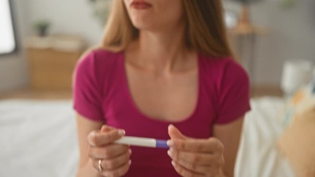Woman holding a pregnancy test on a bed in a residential building, glancing sideways with pursed lips and bare collarbone visible; uncertainty.
