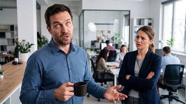 Man making an insult face to his colleague in a busy office environment