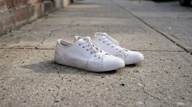 Minimalist White Sneakers on Urban Concrete Surface.