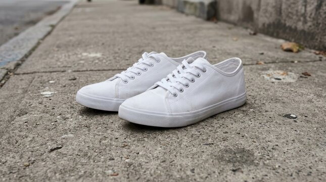 Minimalist White Sneakers on Concrete Surface.