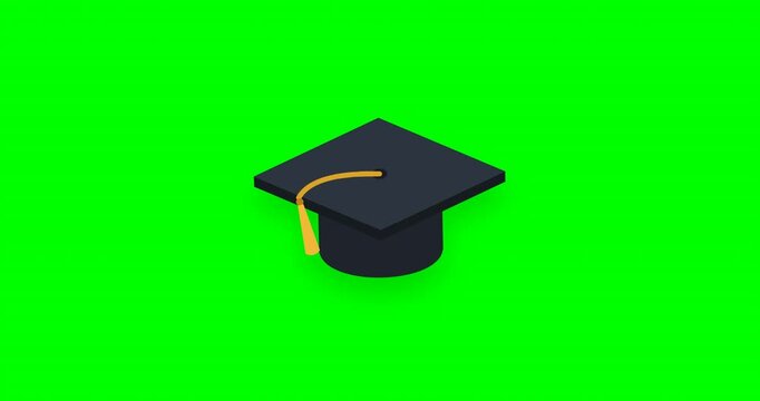 Black graduation caps floating on green screen background