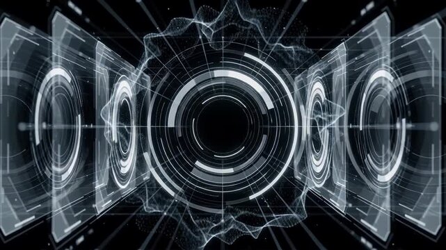 Futuristic white holographic heads up display rings and screens in dark space