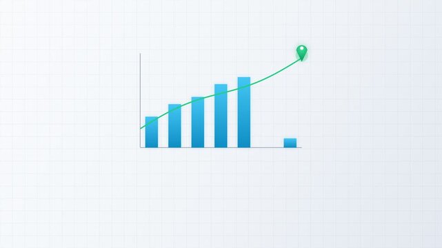 A 10-second motion graphics animation featuring vertical blue bar charts growing gradually, accompanied by a green upward trend line with a location pin marker at the end on a clean white grid backgro