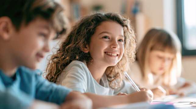 Happy smiling children writing and studying together in a modern classroom during an elementary school lesson or educational activity with focused students