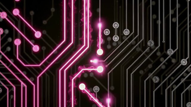 Pink light traveling along circuit board traces and solder nodes on black