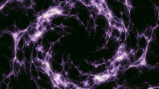 Purple electric plasma filaments swirling on black background