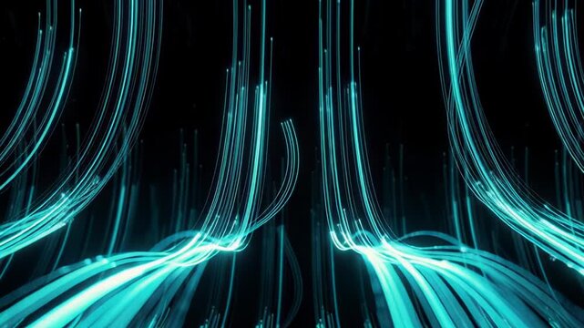 Bundles of cyan fiber optic filaments curving and glowing in the dark