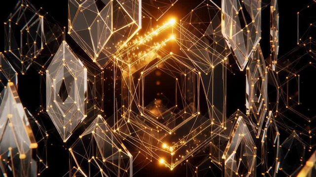 Floating golden hexagonal crystal structures with glowing particles on black