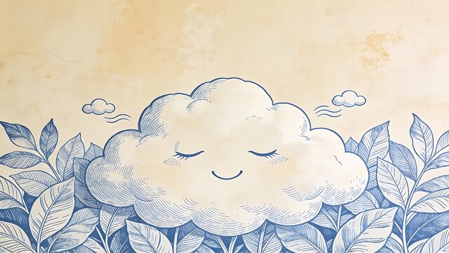 Powder blue linework sleeping cloud face with mini clouds and breeze lines floats across a warm beige textured plaster wallpaper mural background