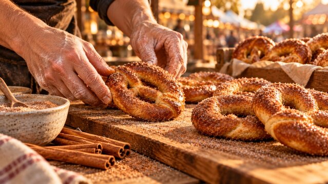 Baker's hands arranging freshly baked sweet cinnamon sugar pretzels on a baking sheet on a rustic wooden table in a bakery or kitchen, food photography