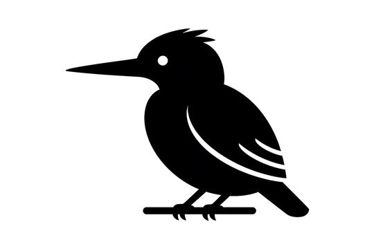 A minimalist solid black kingfisher silhouette icon perched on a branch with a long pointed beak and crested head in flat vector glyph style on white