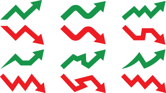 Stock market arrow icon set, green up and red down zigzag trend arrows, profit growth and loss decline