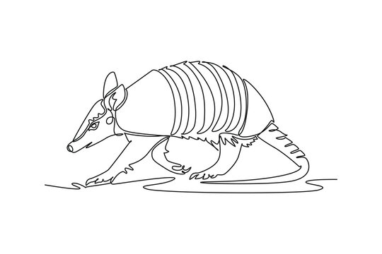 Single one line drawing wild armored armadillo walking across arid ground, protective shell bands, pointed snout, ears, claws, and banded tail. Continuous line draw design graphic vector illustration