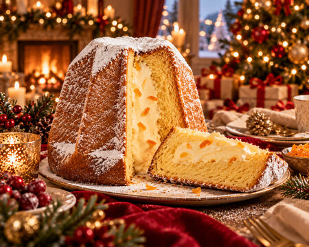 Luxury Cream Filled Italian Pandoro Cake on Festive Christmas Table