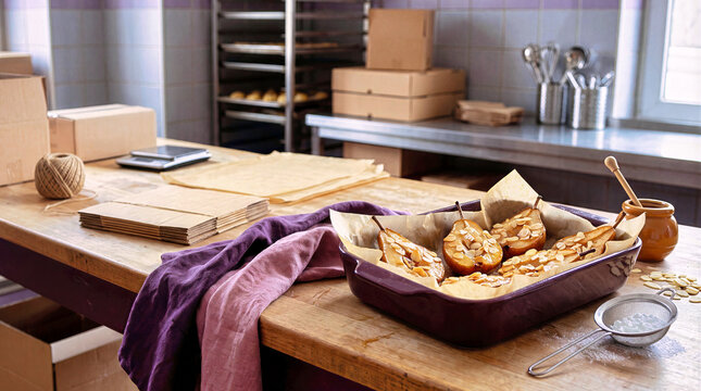 Glazed baked pears topped with almond slices in a purple ceramic tray on a wooden table. Homemade dessert preparation in a bakery kitchen with boxes, scale, honey and powdered sugar sifter tool