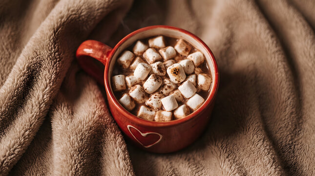 Red ceramic heart mug filled with hot chocolate and toasted mini marshmallows dusted with cinnamon resting on soft brown plush fleece blanket in cozy warm winter indoor home relaxation scene