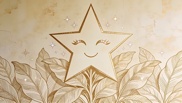 Champagne gold linework sleeping five pointed star face with twinkle and sparkle accents glows across a warm beige textured plaster wallpaper mural