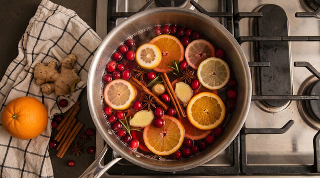 Overhead view of festive spiced mulled wine simmering in a stainless steel saucepan on modern gas stovetop with fresh orange slices lemon cranberries cinnamon sticks and fragrant ginger root