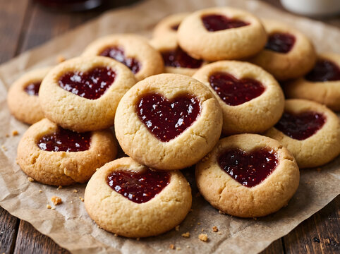 Homemade buttery thumbprint cookies filled with sweet heart shaped raspberry jam arranged on brown parchment paper over rustic dark wooden table for romantic Valentine Day dessert baking