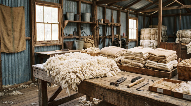 traditional wool shearing and sorting shed interior with raw fleece and wooden tables