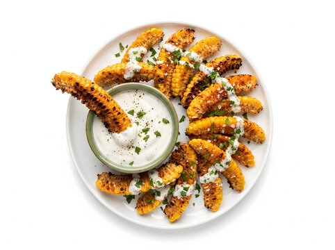 Crispy barbecue grilled corn ribs seasoned with spices and fresh parsley served with bowl of creamy garlic dipping sauce on white plate isolated on white background for summer appetizer