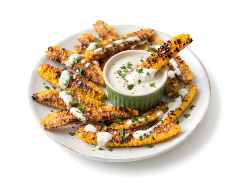 Crispy golden seasoned grilled corn ribs drizzled with white savory crema dipping into garlic ranch sauce on round white serving plate isolated on pure white studio background for snack