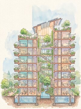 Architectural cross section drawing of a sustainable green apartment building