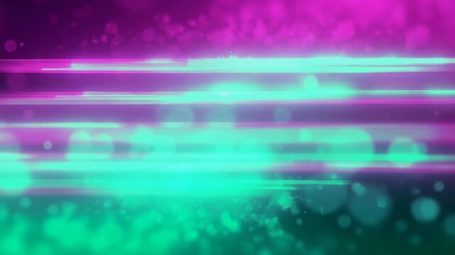 Cyan and magenta light bands shift horizontally across dark abstract background with glowing particles, soft circular highlights, layered streaks, and vivid turquoise illumination