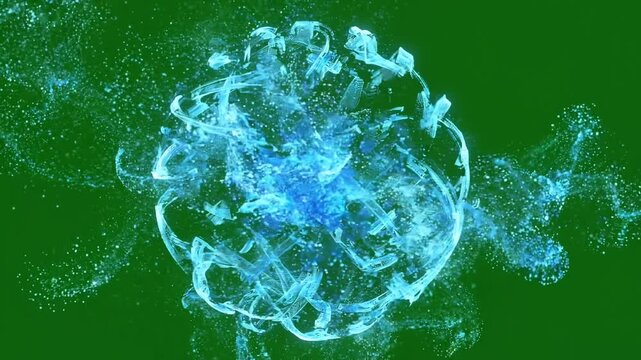 Futuristic glowing blue energy sphere shattering and exploding into magic dust particles isolated on a green screen chroma key background