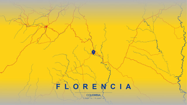 Mapa vectorial minimalista de Florencia, Caquet&aacute;, Colombia. Puerta de la Amazon&iacute;a, cuenca del r&iacute;o Hacha, estribaciones andinas y selva tropical para p&oacute;ster decorativo moderno y arte de pared.