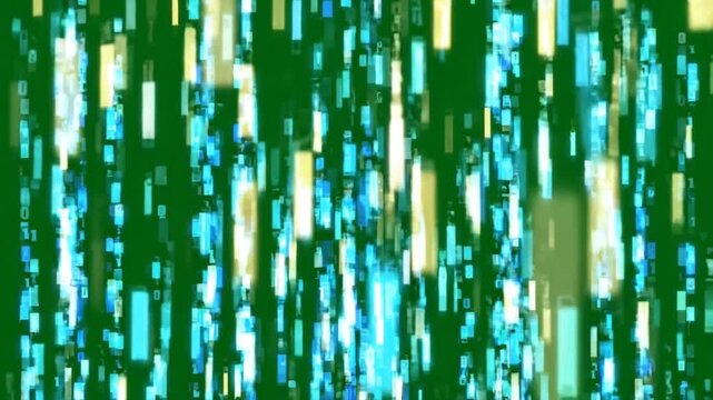futuristic glowing blue and yellow binary code digital rain data stream isolated on a green screen chroma key background.