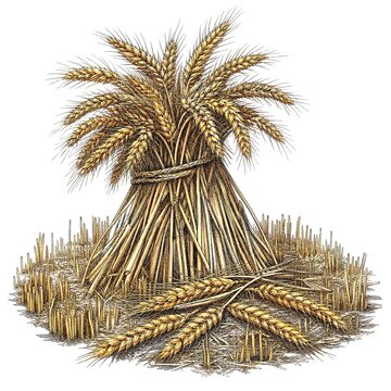 Wheat Sheaf Stook In Stubble Field Engraved Farm Scene