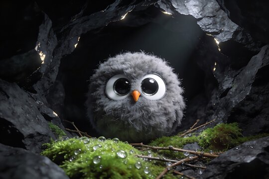 Fluffy round grey owl with big glassy eyes peers from a dark rock hollow among green moss and dewdrop twigs in soft directional light