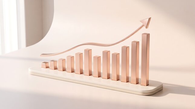 Rose gold financial growth bar chart with upward trend arrow on neutral background