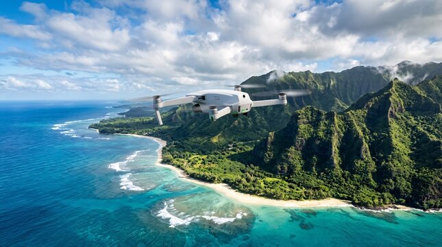 White quadcopter drone hovers over turquoise water, a sandy beach, and lush green mountains beneath a cloudy blue sky in aerial view.