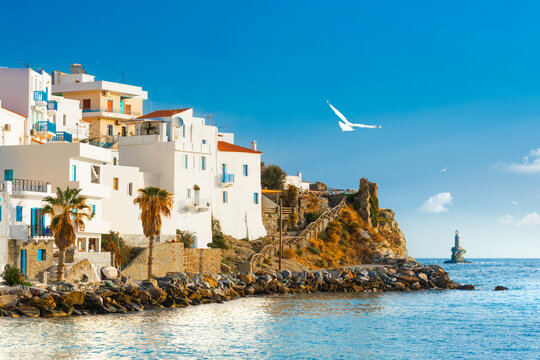 View of Chora town on the beautiful Andros island in Cyclades, Greece, Europe