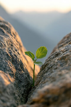small green plant growing in rock crevice symbolizing hope persistence resilience and determination against adversity natural survival in harsh landscape with morning sunlight illuminating new life