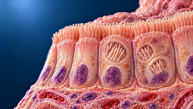 Intestinal Epithelium Anatomy Showing Columnar Cells and Brush Border