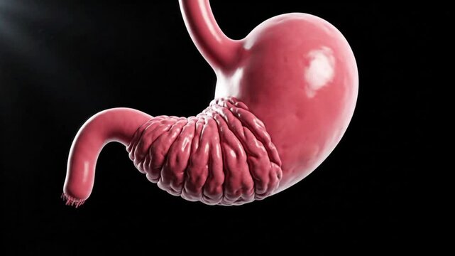 Realistic 3D Human Stomach Contraction Animation Showing Digestive Peristalsis on Black Background