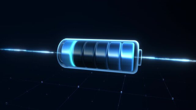 A digital holographic battery charging animation with flowing neon blue energy on a dark perspective grid, ideal for an electronics presentation background or technology broadcast opener.
