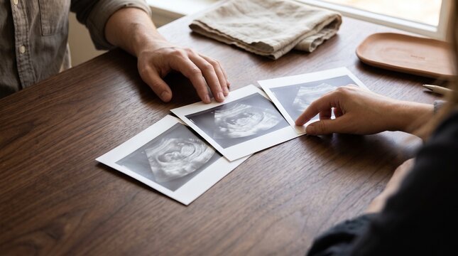 Hands compare anonymous ultrasound images at consultation