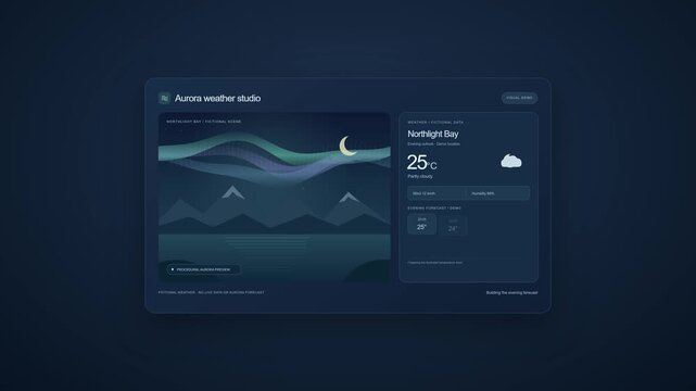 Weather, app and interface with digital dashboard for forecast display. Aurora borealis landscape, software design and ui ux with meteorological data for mobile development and studio tool