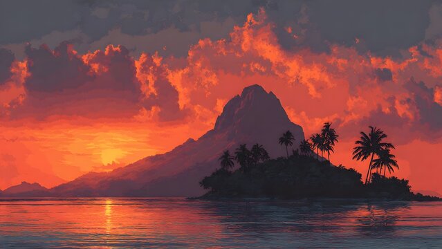 Dramatic landscape of volcanic island peak during sunset with silhouettes of palm trees on beach reflecting over calm sea surface under vibrant fiery cloudy sky creating beautiful nature scene.
