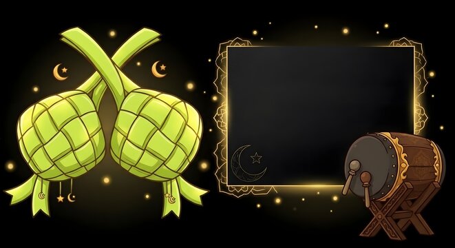 Eid Mubarak background with green ketupat, bedug drum, golden crescent moon and glowing frame on black with copy space