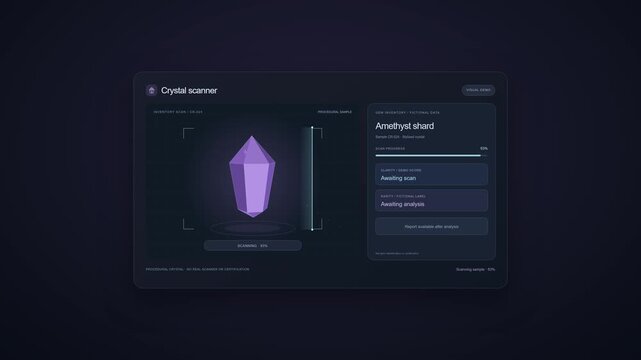 Crystal scanner, digital amethyst shard analysis and geological software interface. Laboratory, mineral research and gemstone technology with 3D scanning, data visualization and science program tool