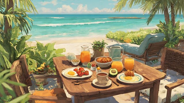 Beachfront breakfast setup on rustic wooden table featuring fresh fruit eggs orange juice and coffee served overlooking stunning turquoise ocean waves with lush tropical greenery in morning light.