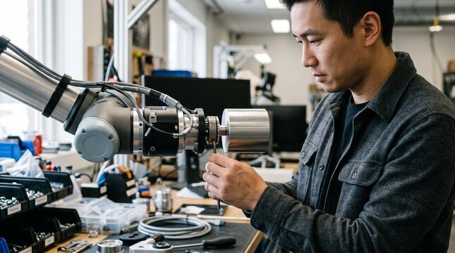 Engineer mounts force sensor on a robot wrist